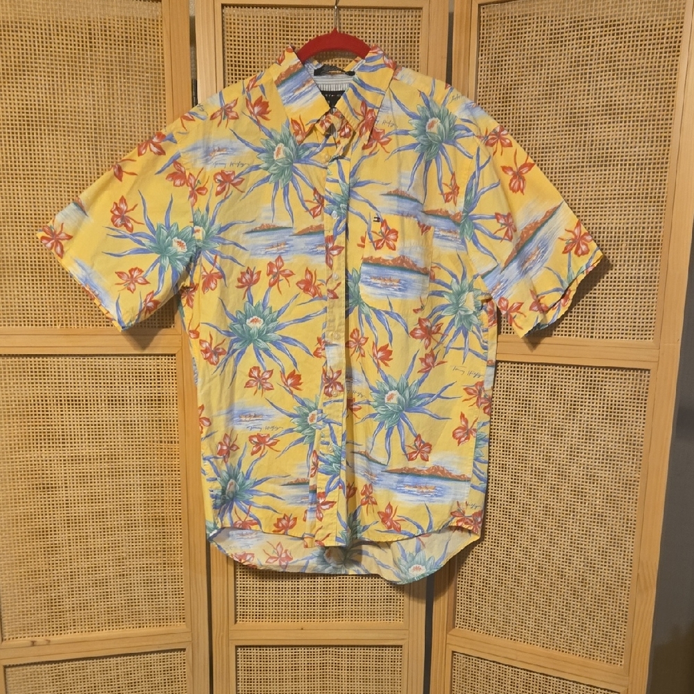 Tommy Hilfiger Yellow Floral Men's Shirt Large Tropical Beach Cruise Cotton